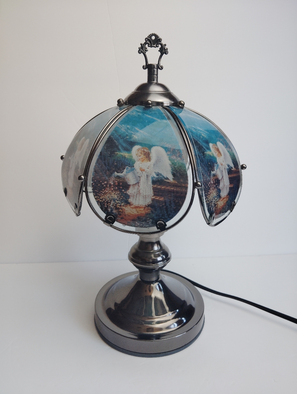 Guardian Angel 3-Way Touch Lamp Blue Panel Black Chrome Look Plug In